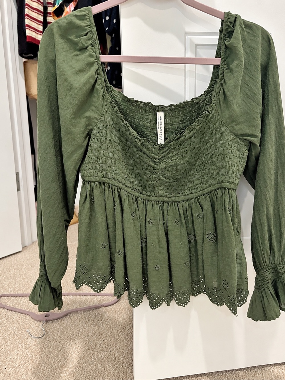 American Eagle Olive Green Eyelet Blouse Like New